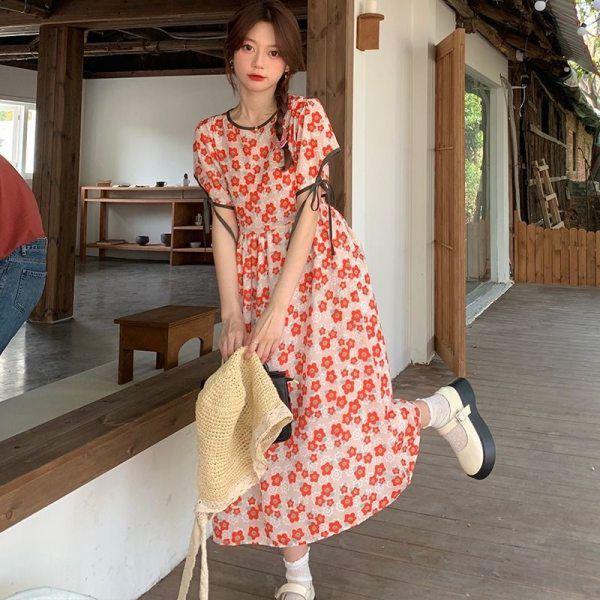 

Charming Floral Dress: Sweet, Lovely Design, Round Neck, Tie Waist, Slimming, Cover Belly, Splicing Style, Super Fairy Touch. M красный