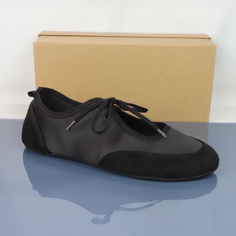 Fashion Black Lace-Up Women's Ballet Flats Comfortable Soft Satin Fabric Round Toe Ladies Autumn Shoes Brand Leisure Female Footwear