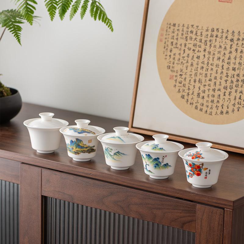 Travel Tea Set Cover Bowl Teacup Portable Express Cup Outdoor Kung Fu Tea Set Suet Jade White Porcelain Companion Gift