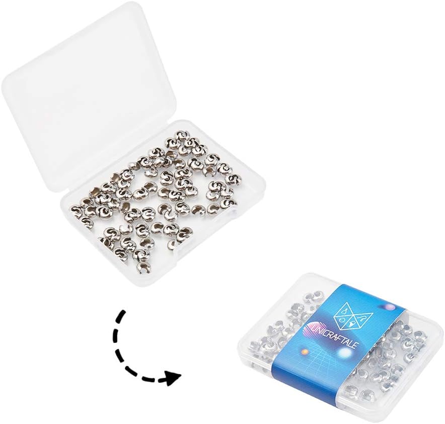 304 Stainless Steel Crimp Beads Covers, with Bead Container, Stainless Steel Color, 5mm In Diameter, About 100pcs/box