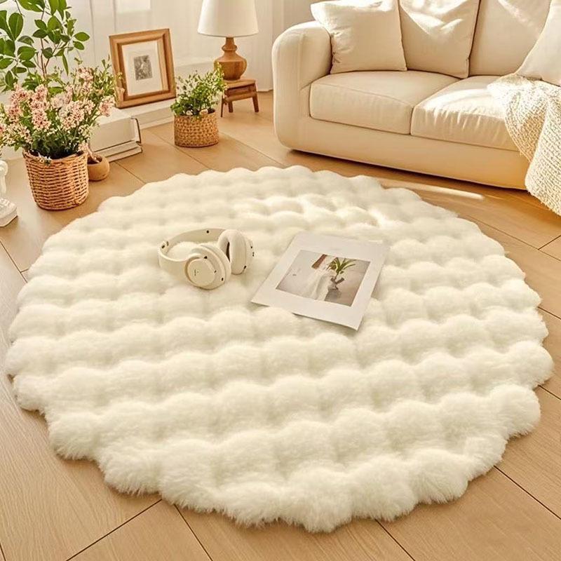 Cream Bubble Velvet Round Rug - Minimalist Style, Perfect for Living Room Coffee Table or Bedroom, Rabbit Plush Texture.