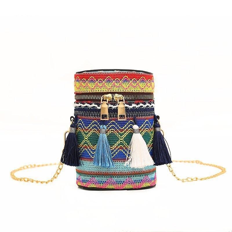 

Ethnic Style Colorful Woven Texture Women Chain Cylindrical Bag Tassel With синий