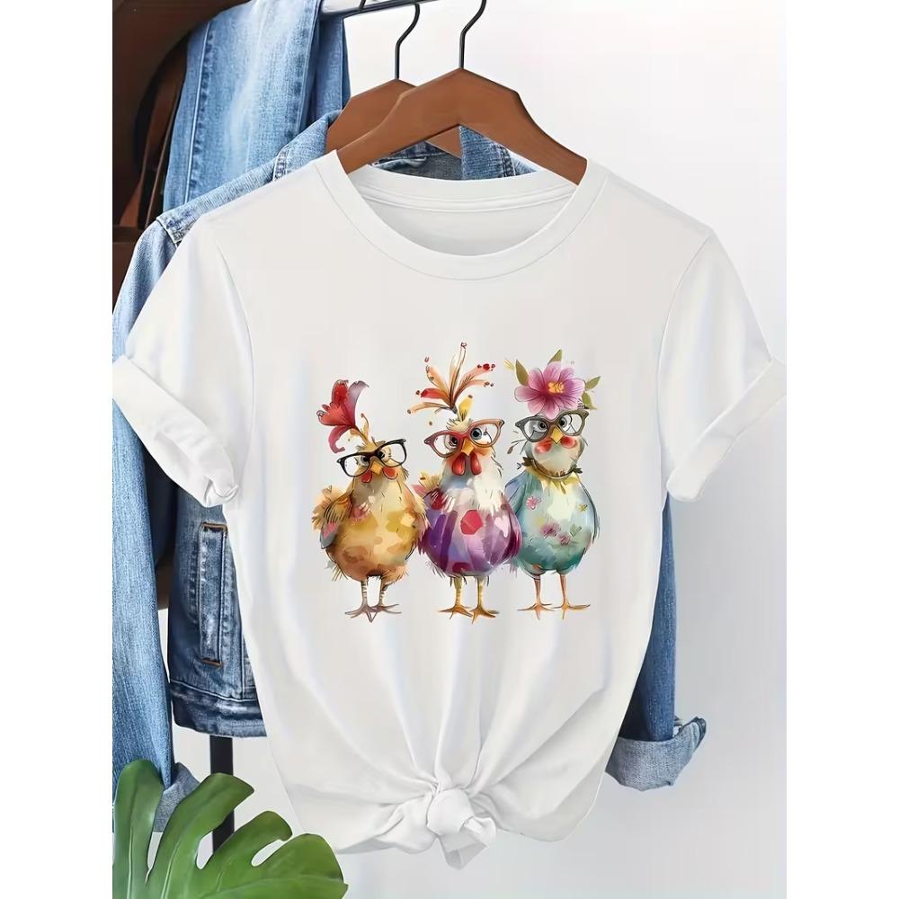 Funny Chicken In Red Heels Graphic T-Shirt Women’s Short Sleeve Humorous Farm Animal Print Top for Daily