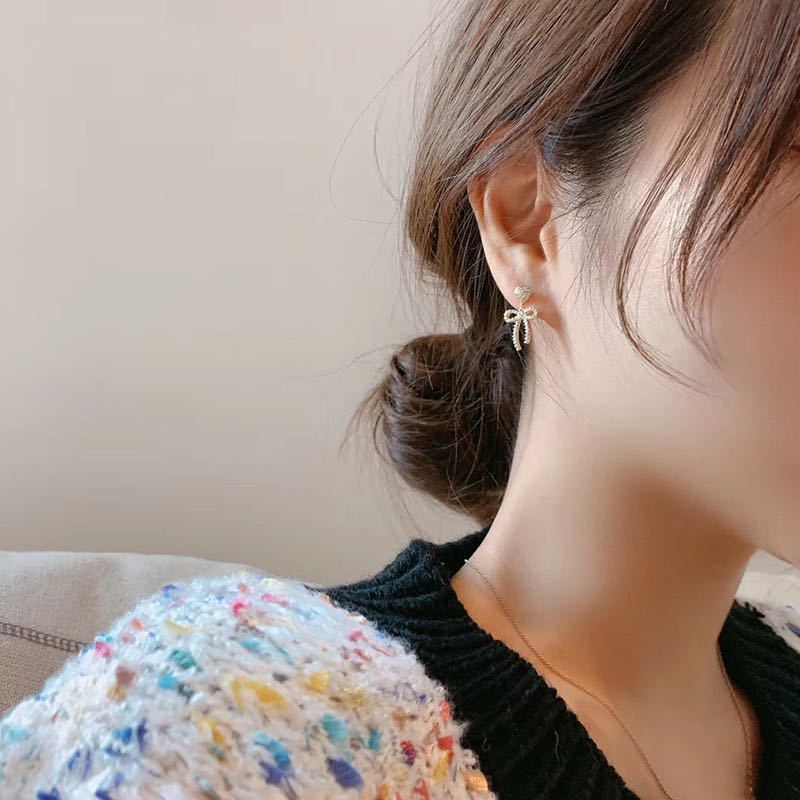 Korea 911 Silver Needle Bow Love Earrings Slightly Inlaid with Small Exquisite Temperament Sweet and Cute Lady Stud Earrings