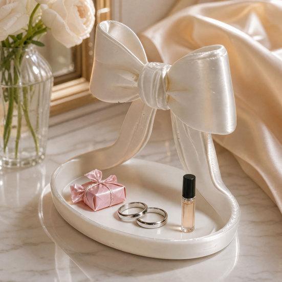 3D Printed Bow Jewelry Organizer Tray, Decorative Ribbon Bow Ring Holder for Rings Earrings Necklace, Vanity Storage Dish for Dresser, Desk, Vanity