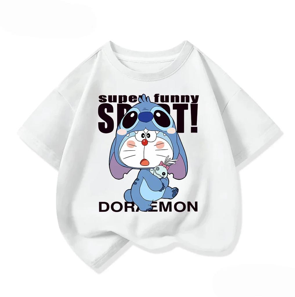 Cute Children Crew Neck T Shirt Summer Fashion Cartoon Print Trendy Street Casual Tops Doraemon Boys Girls Outfit 314Y