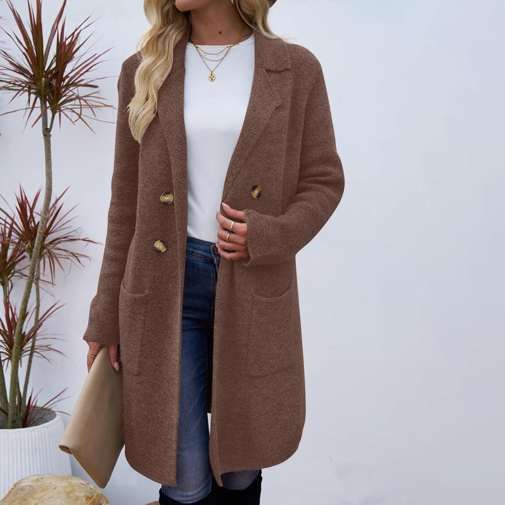 Women's Lapel Long Sleeve Mid-Length Woolen Coat Loose Fit Casual Fall Winter Blazer Jacket
