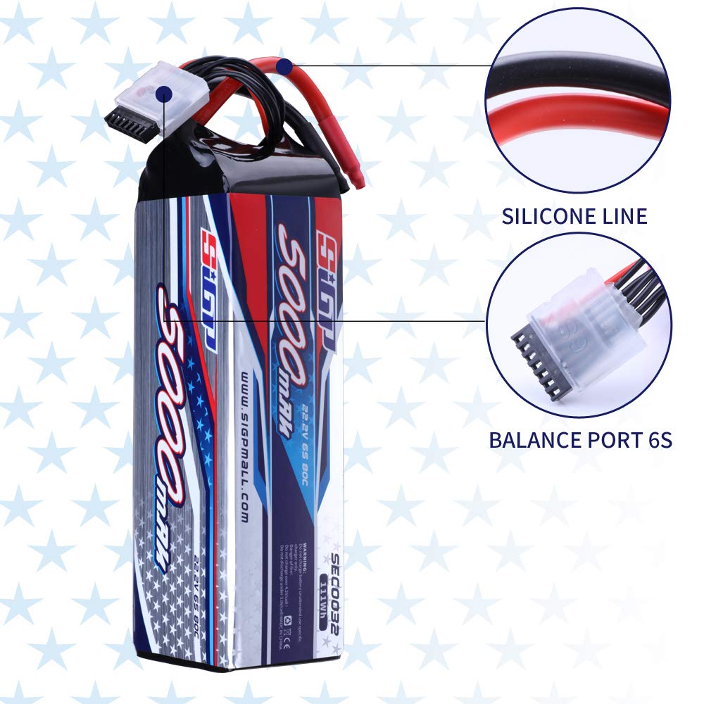 SIGP 6S 22.2V LiPo 5000mAh 80C Soft Pack for RC Helicopter Airplane FPV Drone Quadcopter Racing Hobby