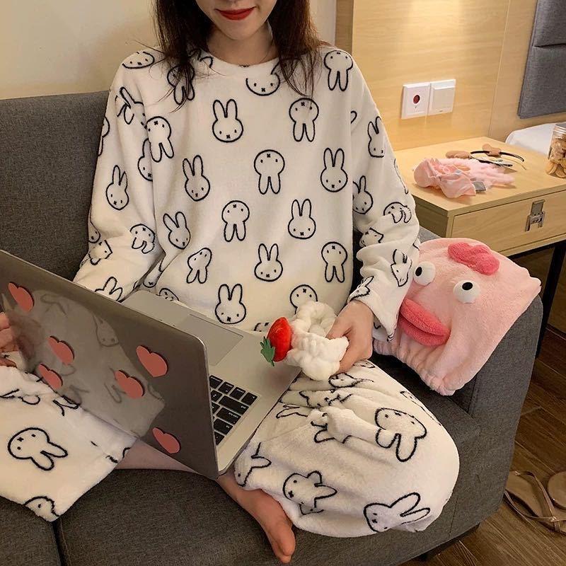 Pajamas Women Winter Flannel Korean Version of The Long-sleeved Thickened Plus Velvet Coral Fleece Cute Autumn and Winter Home Service Suit Women