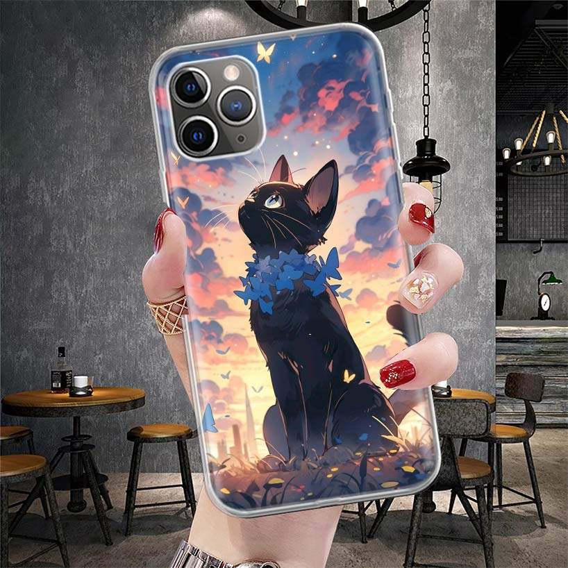 Anime Cute Black Cat Meow Soft Phone Case For IPhone 11 17 Air 16E 16 Pro Max 15 + 14 Plus 13 Mini 12 Apple 7 SE 8 Fundas Coque