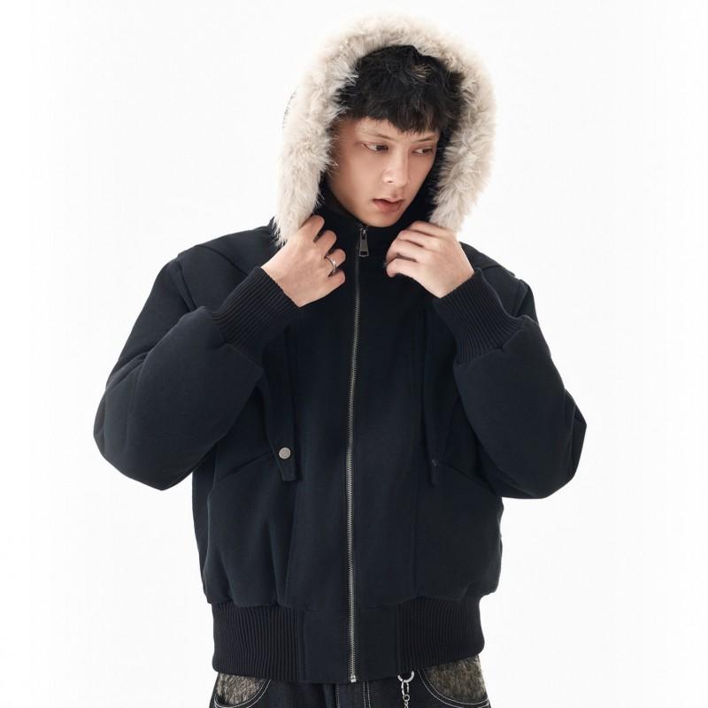 Winter Thick Cotton Coat With Fur Hood Men Loose Fit Solid Color Warm Outdoor Jacket