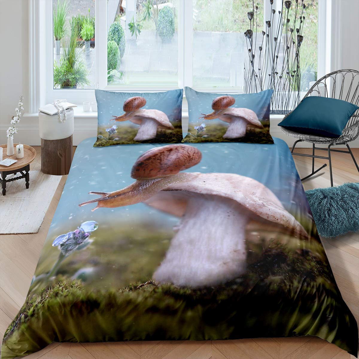 

Snails Bedding Set 3pcs for Kids Boys Teens Snails on a Brnch Above The Water Comforter Cover Reptile Microfiber Duvet Cover Set EU Single(135x200cm)
