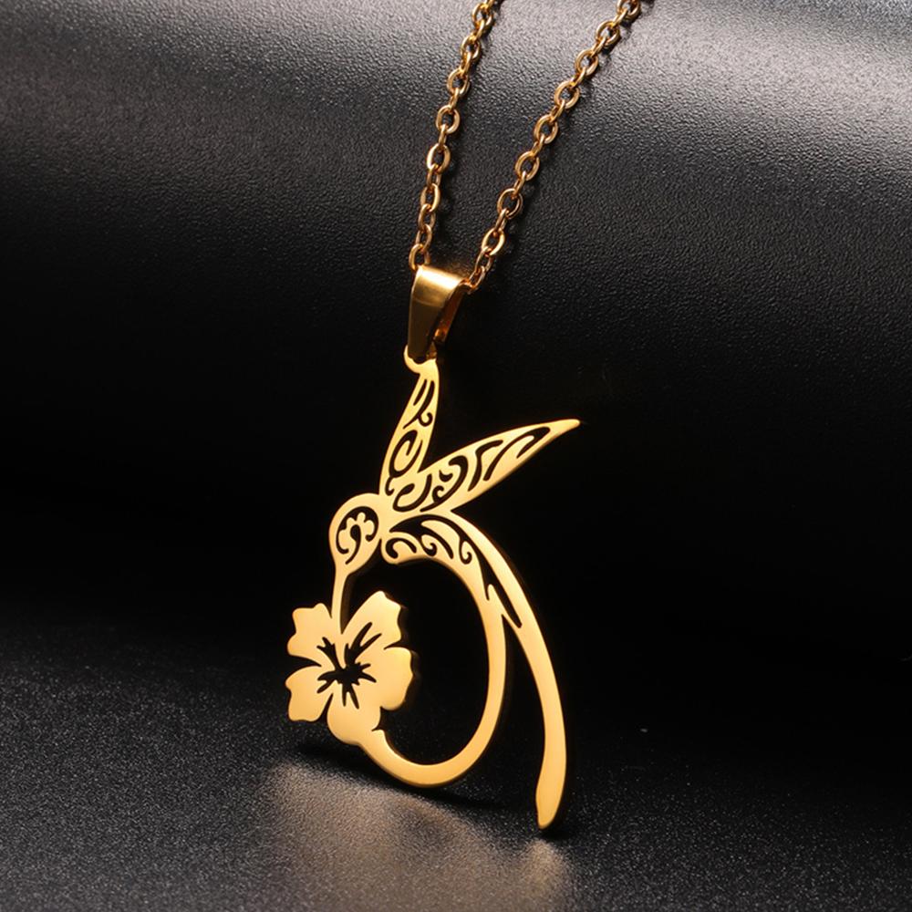 My Shape Hummingbird Flower Pendant Necklaces for Women Girls Bird Floral Stainless Steel Chain Choker Fashion Jewelry Gifts