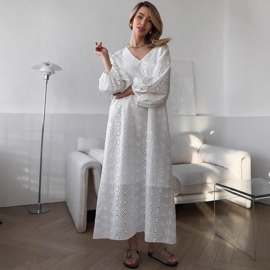 European and American Women's Clothing Autumn Hollow Jacquard Loose Fashion Casual Robe Dress Home Two Wear