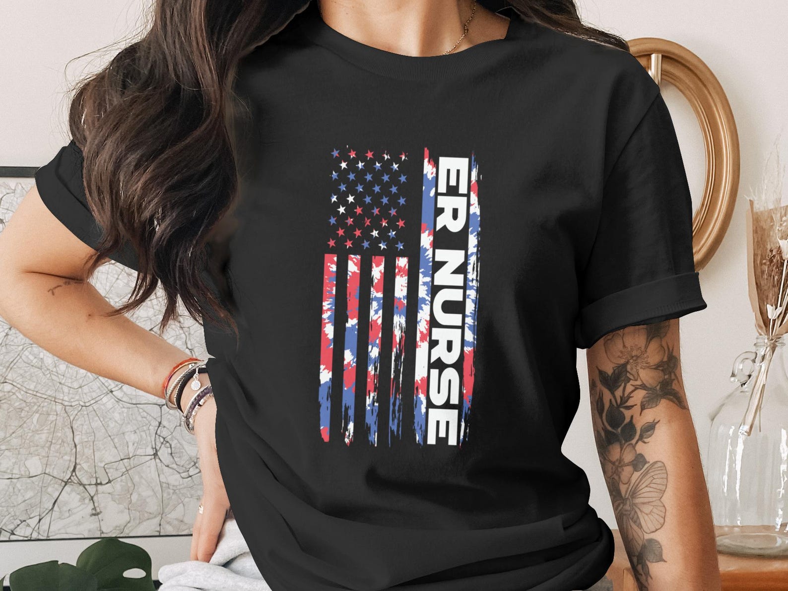 ER Nurse T-Shirt, Patriotic American Flag Distressed Graphic Tee, Emergency Room Nurse Gift, RN Appreciation Top M