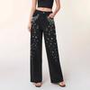 Women's High Waist Straight Leg Jeans Loose Fit Rhinestone Pearl Beaded Non Stretch Denim Pants Elegant Fall Wash Wide Leg Trousers