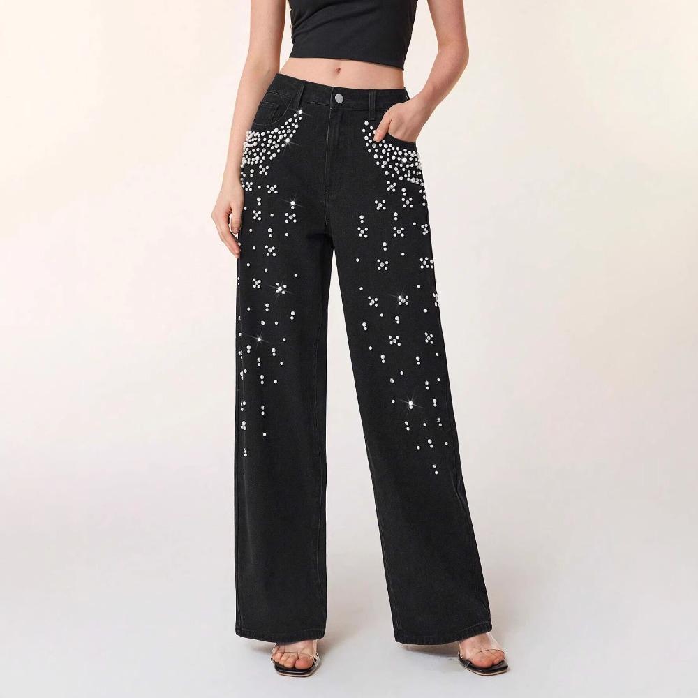 Women's High Waist Straight Leg Jeans Loose Fit Rhinestone Pearl Beaded Non Stretch Denim Pants Elegant Fall Wash Wide Leg Trousers
