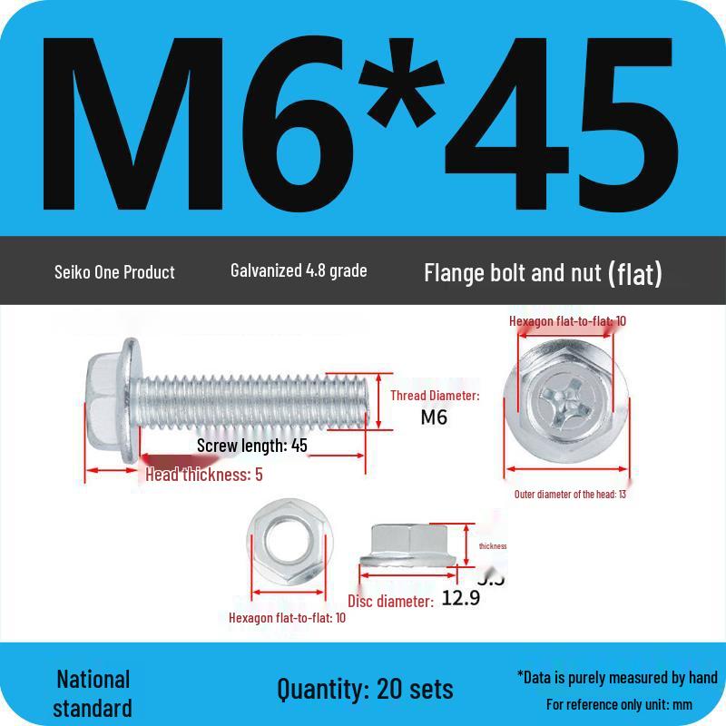 4.8 Grade Galvanized Hex Bolt Set with Anti-slip Washer & Nut, Cross Flange Head, M4/M5/M6/M8mm