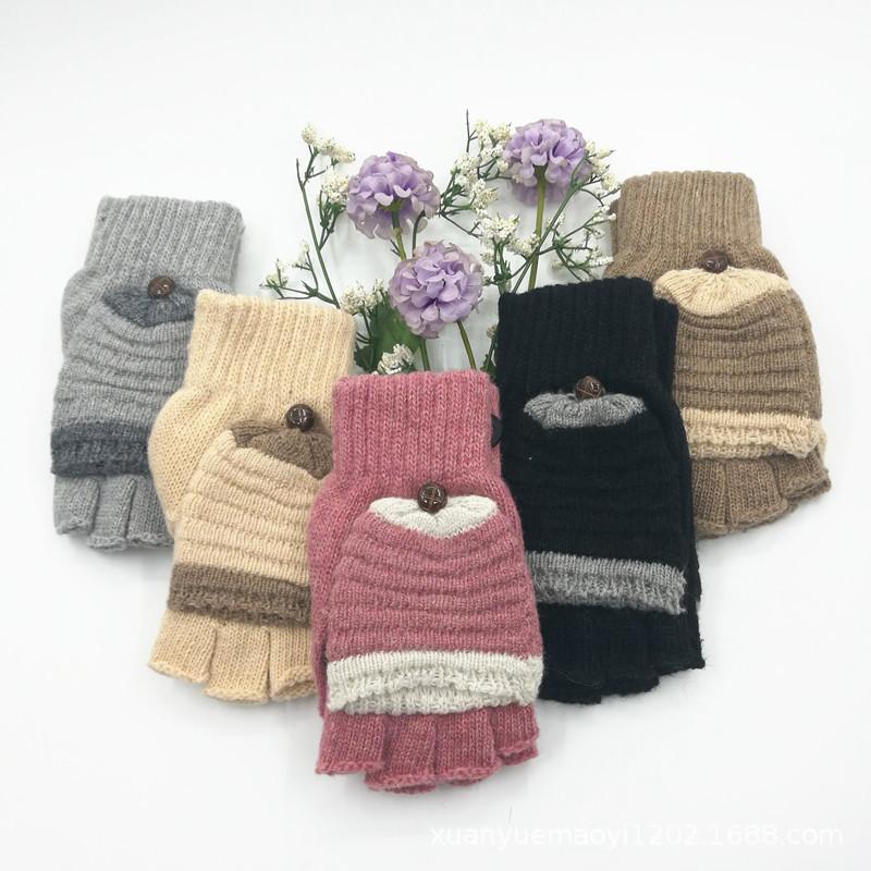Wool Gloves Men'S And Women'S Snowflake Flip Dual-Purpose Thermal Half-Finger Gloves Deer Knitted Split-Finger Gloves