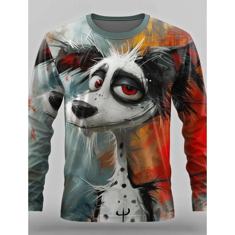 Spring and Autumn Round Neck 3D Cute Animal Printed Top Fashionable Casual Long Sleeved Men's T-shirts