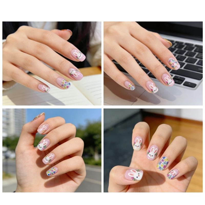 ABS Material Short Square Artificial Nail Featuring Rabbit Patterns And Floral Art For Festive Occasions