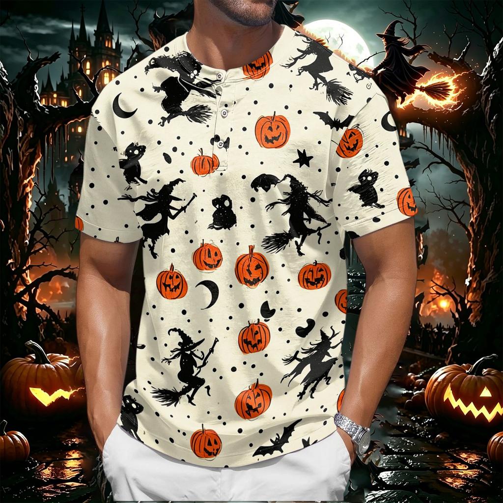 Men's Halloween Short Sleeve Henley Shirt Pumpkin and Bat Print Casual Lightweight Breathable Top for Seasonal Wear