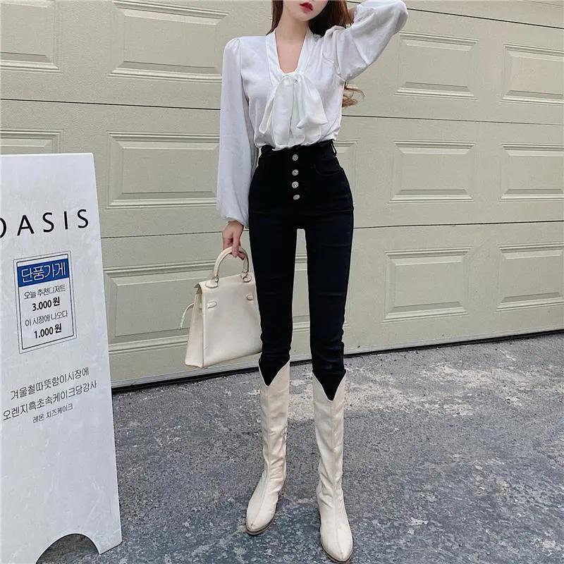 WTEMPO Large Size Solid Color Jeans for Women In All Four Seasons Retro Tight Fitting High Waist Denim Pencil Pants