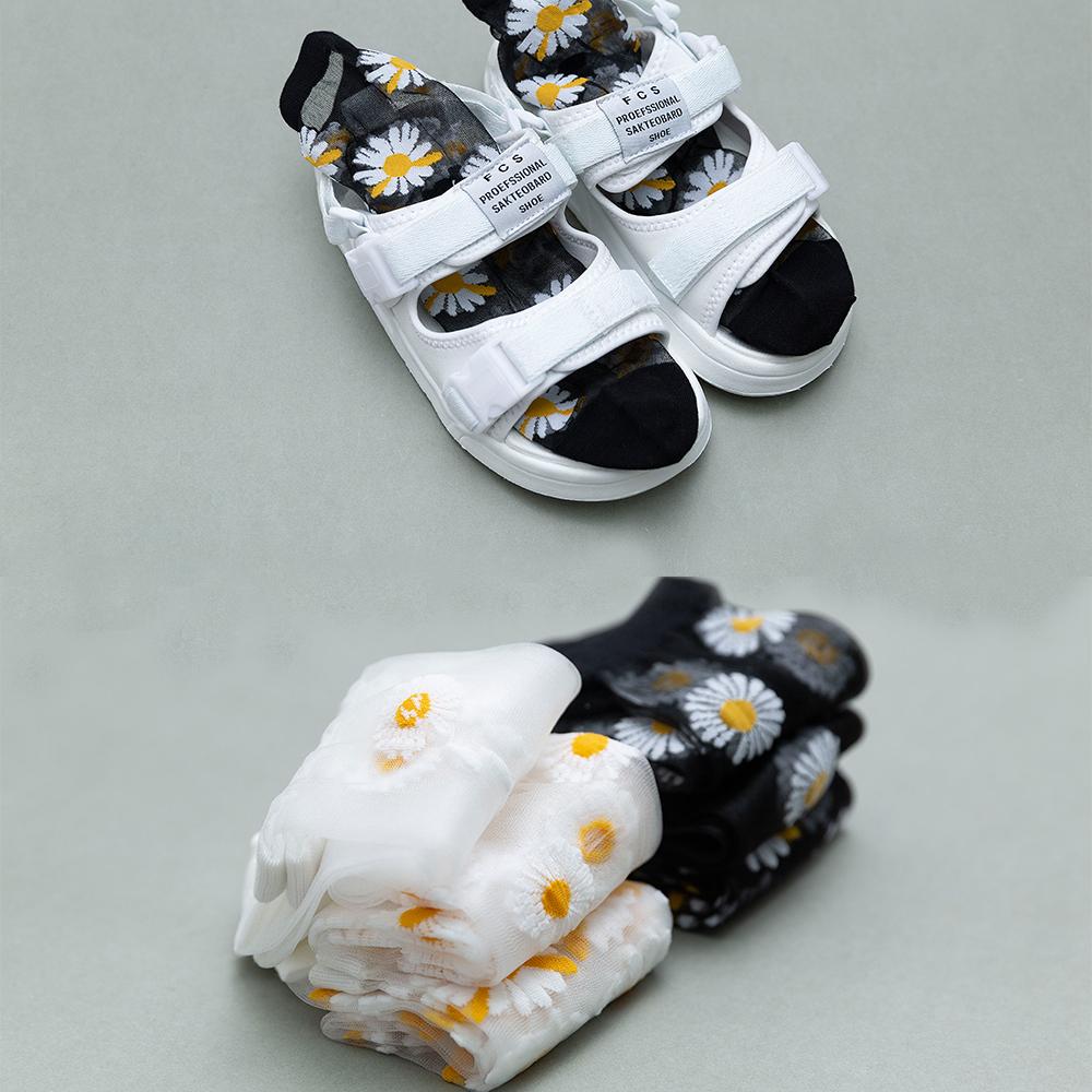 3 Pairs Of Women's Flower Socks Summer Crystal Glass Stockings Medium Short Tube Thin Transparent Daisy  Jacquard Elastic  Socks