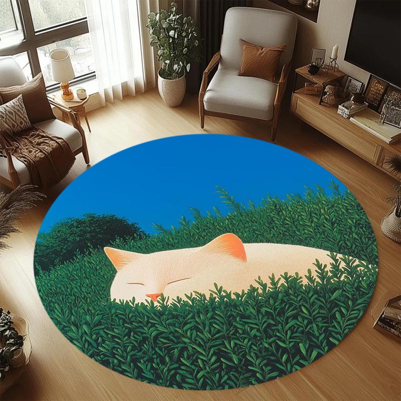 Cute Sleeping White Cat Round Area Rug Cartoon Soft Pet Print Carpet Non-slip Floor Mat Bedroom Nursery Indoor Home Decoration