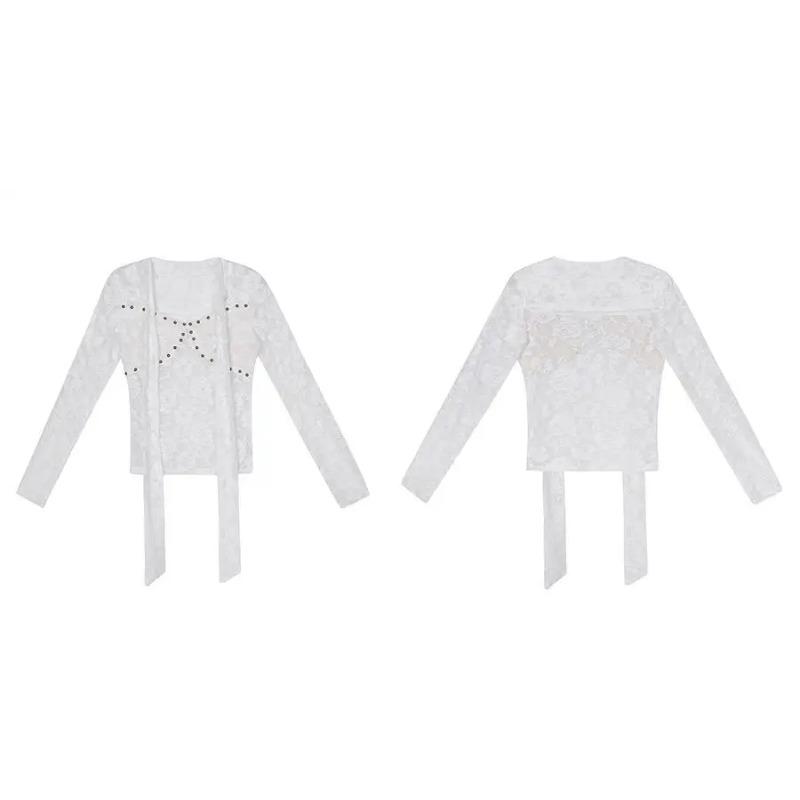 Vintage T Shirt Women Lace Lcae Up Shirt Hollow Out Y2k Tee Tops Fairycore 2000s Korean Style Tshirts Autumn Winter