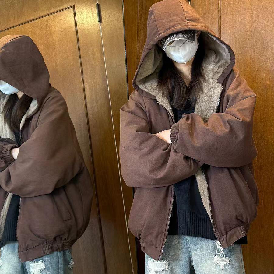 Women s Loose Hooded Lambswool Coat - Versatile and Thickened for Autumn/Winter XL (115-130 jin)