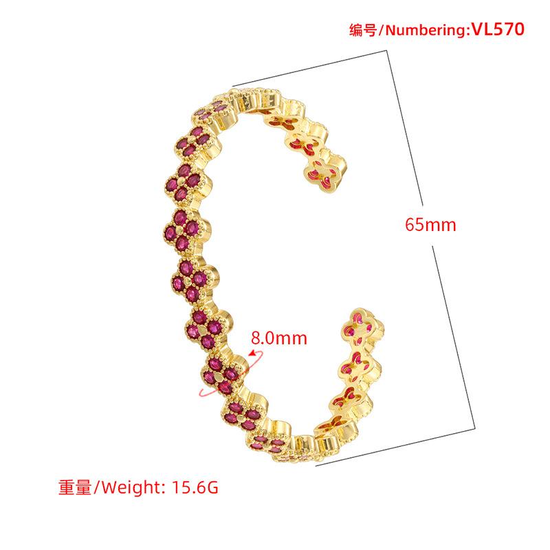 Light Luxury Copper With Colored Diamonds Clover Opening Adjustable Bracelet Flower Petal Bracelet Vl570
