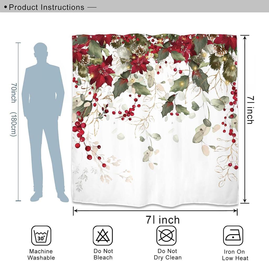 Eucalyptus Christmas Flower Shower Curtain Set Green Red Poinsettia Berry Leaves Botanical Plant Merry Xmas Polyester Waterproof