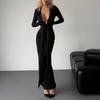 Europe, America, Autumn New Products, Sexy Deep V Streamer Long-sleeved Solid Color Slim-fitting Fashion Dress