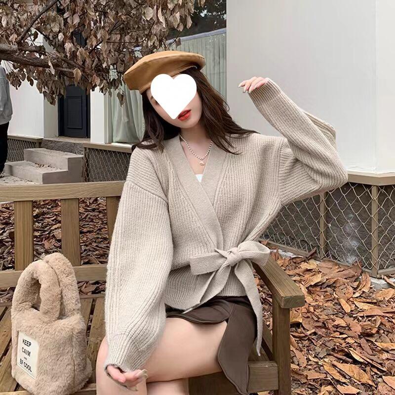 Advanced Sweater Knitwear Women Knitted Cardigan Fall Winter Tie V-neck Sweet Short Long-sleeved Knitted Tops