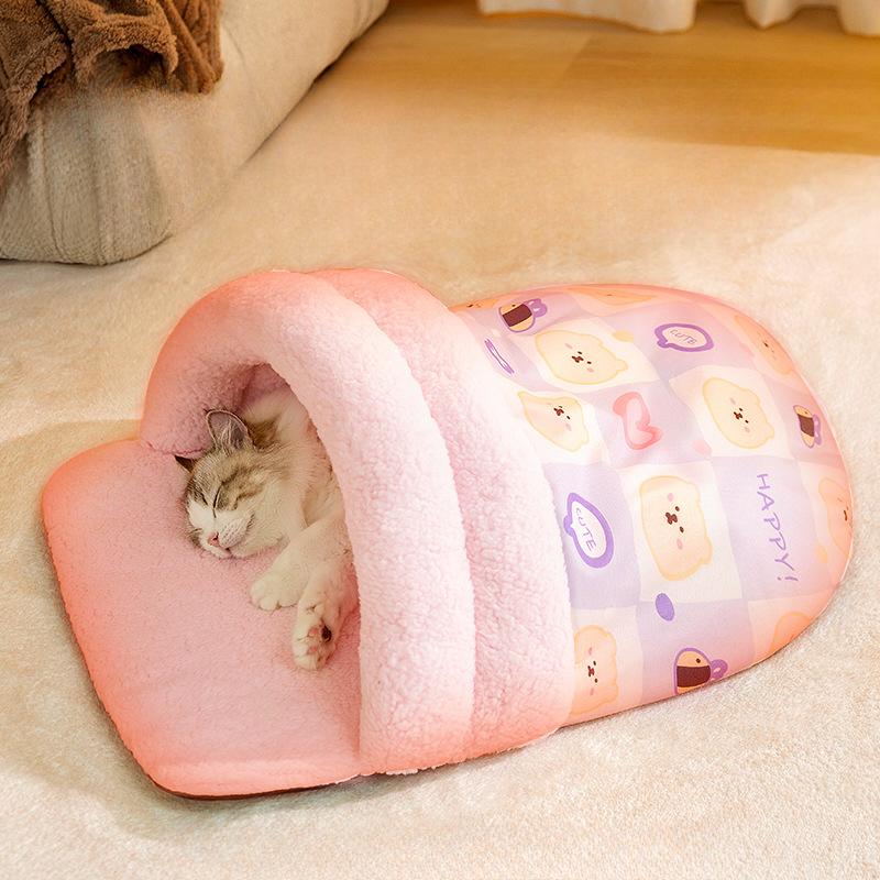 Pantuflas rosas con estampado completo de animales juguetones Nido para gato Cálido y grueso Mascota Gato Mascota electrónica Nido para gato en otoño e invierno