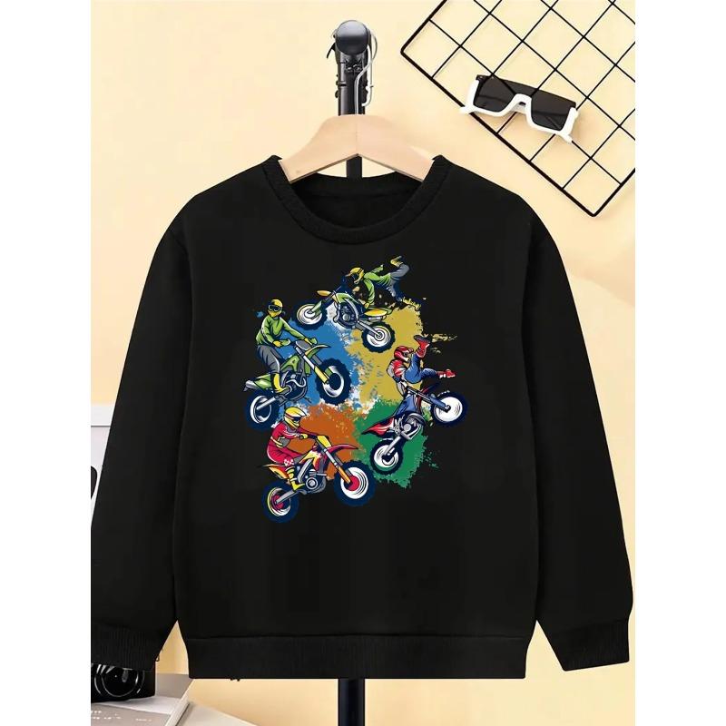 European Sizes Motocross Riders Action Stunt Bike Girls' Fashionable Crewneck Sweatshirt, Western Style Top, Children's Long Sleeved Casual T-Shirt