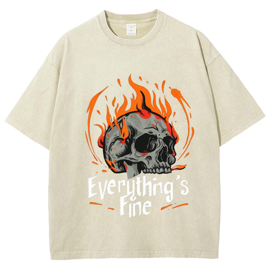 American Retro High Street T-Shirt Skull Fire Print Women's Short Sleeve Washed Denim Crew Neck Cotton Heavyweight Tee