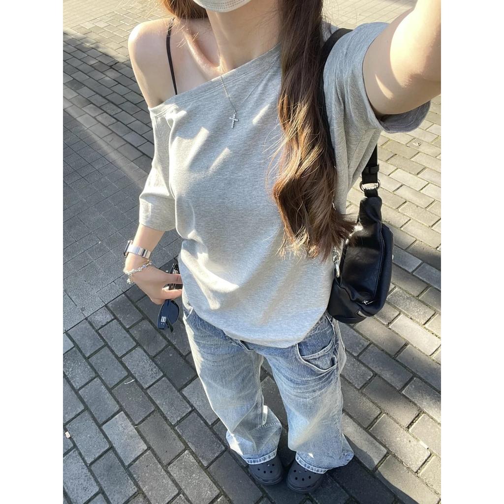 No Price Reduction #Irregular Pure Desire Slanted Shoulder Short-sleeved T-shirt Ins Trendy Loose and Thin Solid Color Chic Top Women's Summer