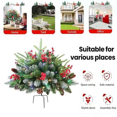 Yousheng 18 Inch Lighted Artificial Christmas Urn Filler Battery Operated Pre-lit Xmas Pine Tree with Tripod Stake Outdoor Light Up Christmas Planter