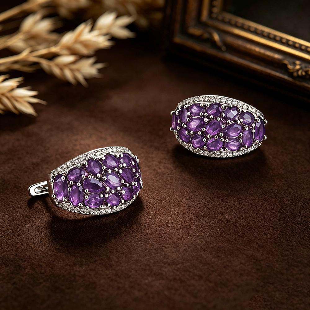 Exquisite 925 Sterling Silver Earrings Natural Amethyst Gemstones Light Luxury Fine Jewelry for Women's Banquet Gifts