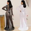 European & American Fashion Women's See-through Mesh Long Sleeve Slit Dress with Hot Drilling Details.