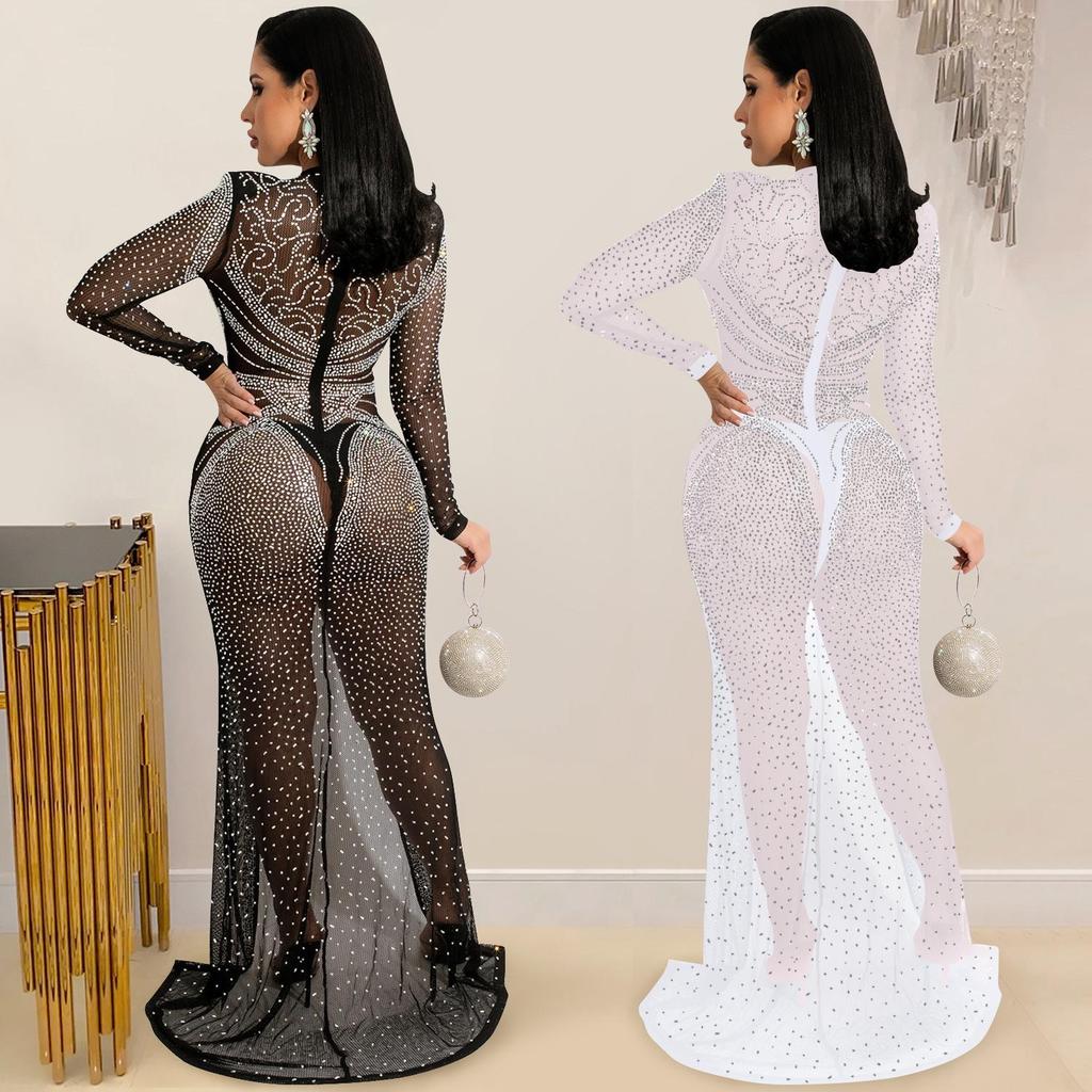 European & American Fashion Women's See-through Mesh Long Sleeve Slit Dress with Hot Drilling Details.