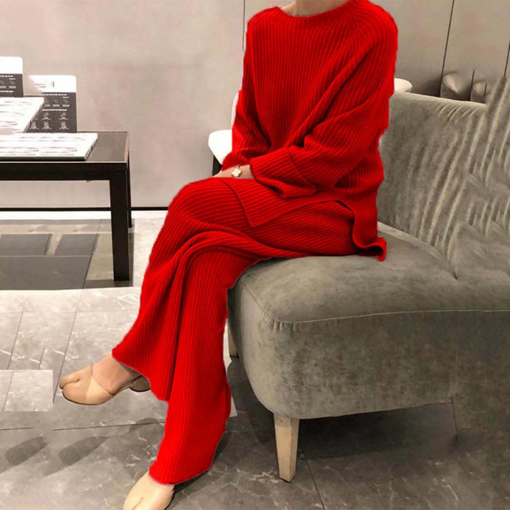 Women's Loose Fit Two-piece Suit Long Sleeve Knit Top Elastic Waist Wide Leg Pants