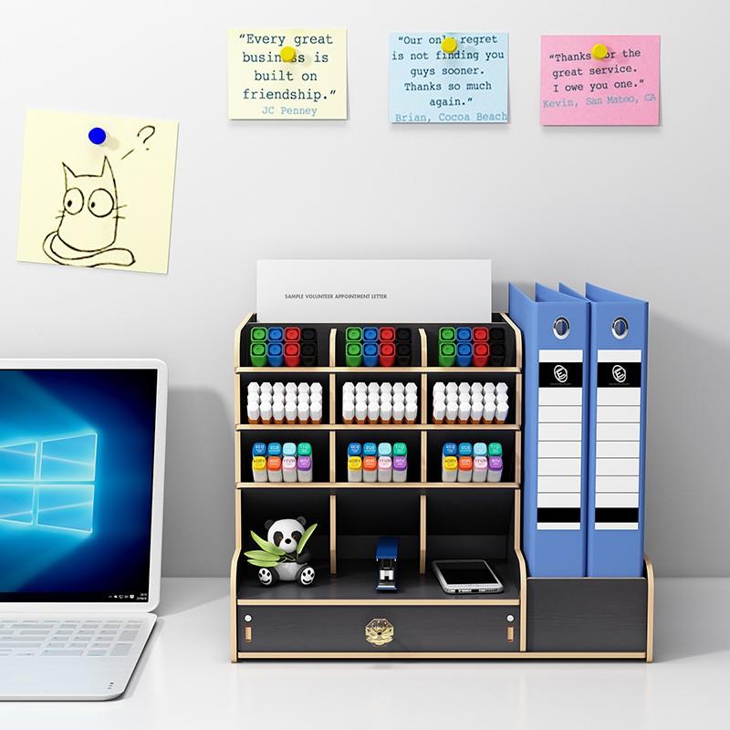 Desk Organizer A4 Paper Books Multi-functional Slanted Storage Box With Compartments Wooden Desktop Stationery Holder
