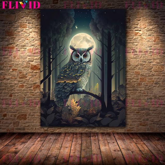 Geheimnisvolle Eulenkunst unter dem Vollmond, Wandölgemälde, magische Nacht, Katze, Kunstposter und Siegel