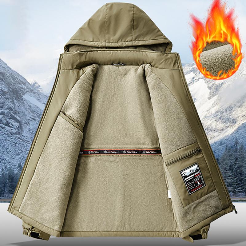 Men Outdoor Jacket Fleece Lined Thick Warm Winter Jacket Hiking Camping Windbreaker Plus Size Outwear Hooded Coat