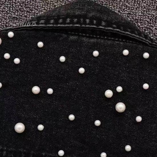 Winter Women Jacket Bead Decor Plus Size Long Sleeves Turn-down Collar Chest Pockets Button Closure Coat Short Type Casual Streetwear Denim Coats