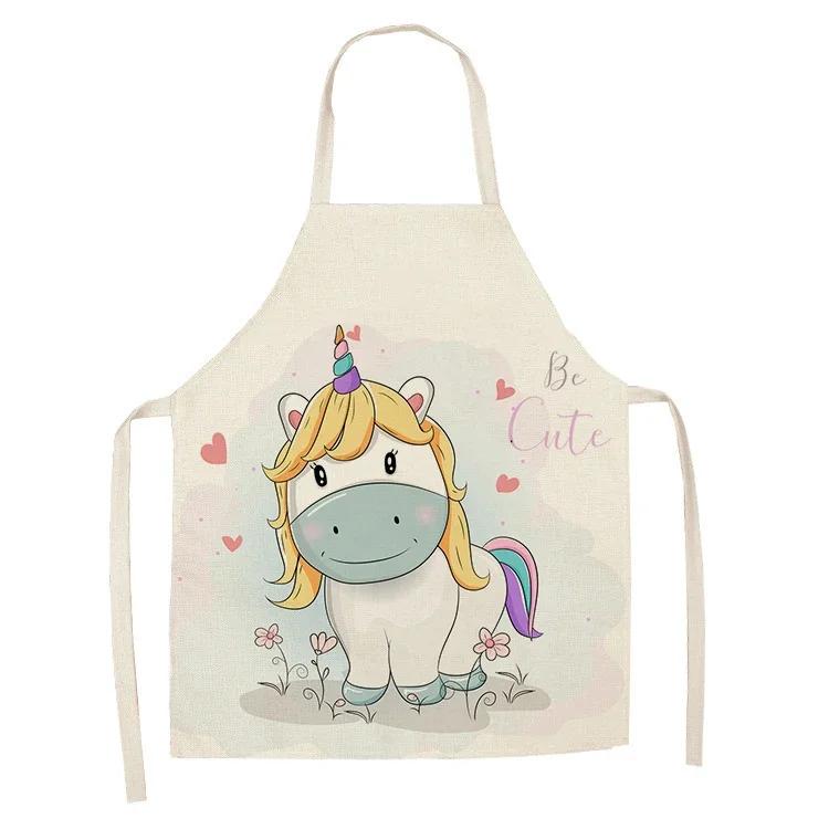 1Pcs Kitchen Apron Cartoon Unicorn Music Printed Cotton Linen Aprons for Women Men Cooking Accessories Delantal Cocina Mujer