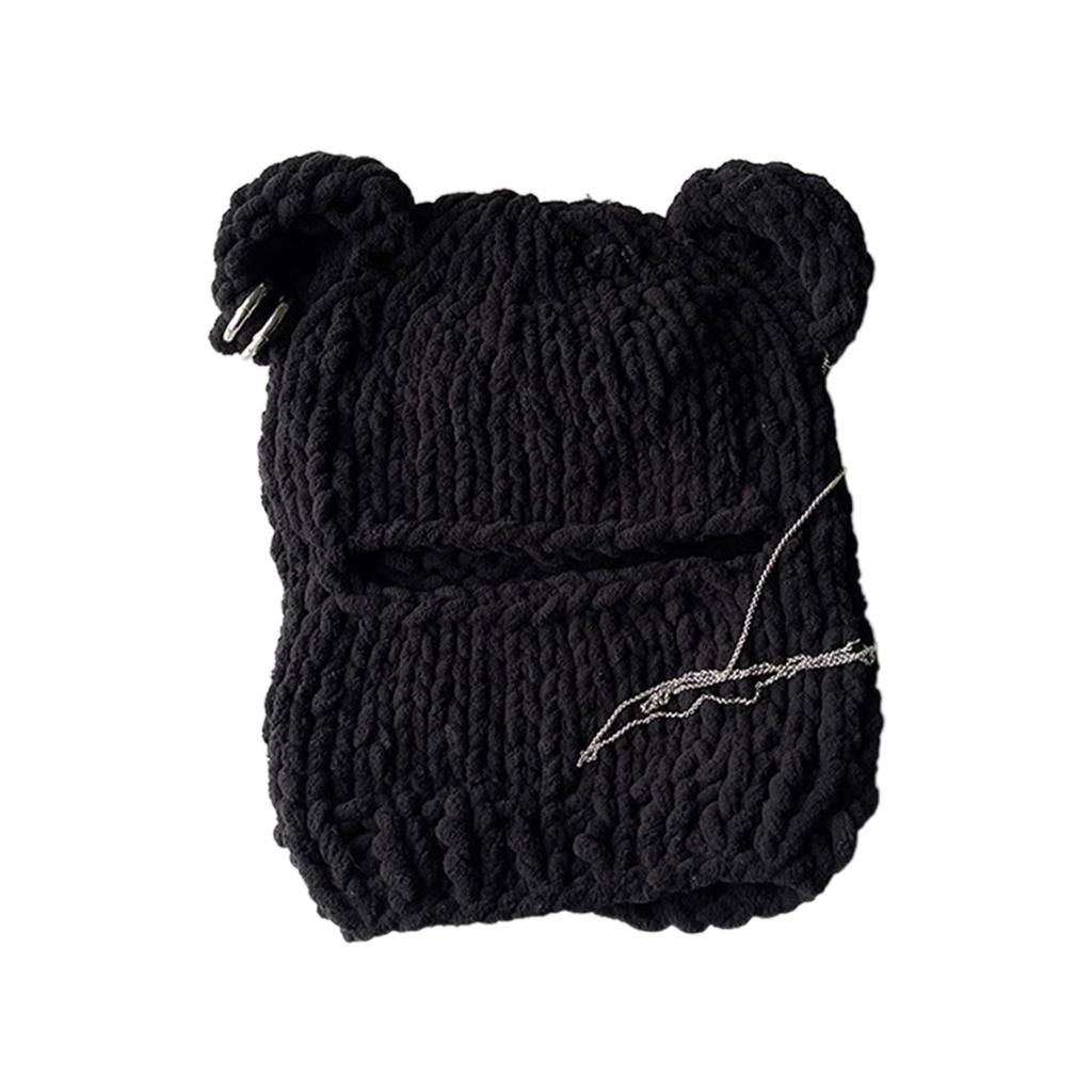 Knitting Balaclava Cap for Women Cute Bear Ears Plush Beanie Hat Handmade Face Cover Hat Crochet Hooded Hat for Party